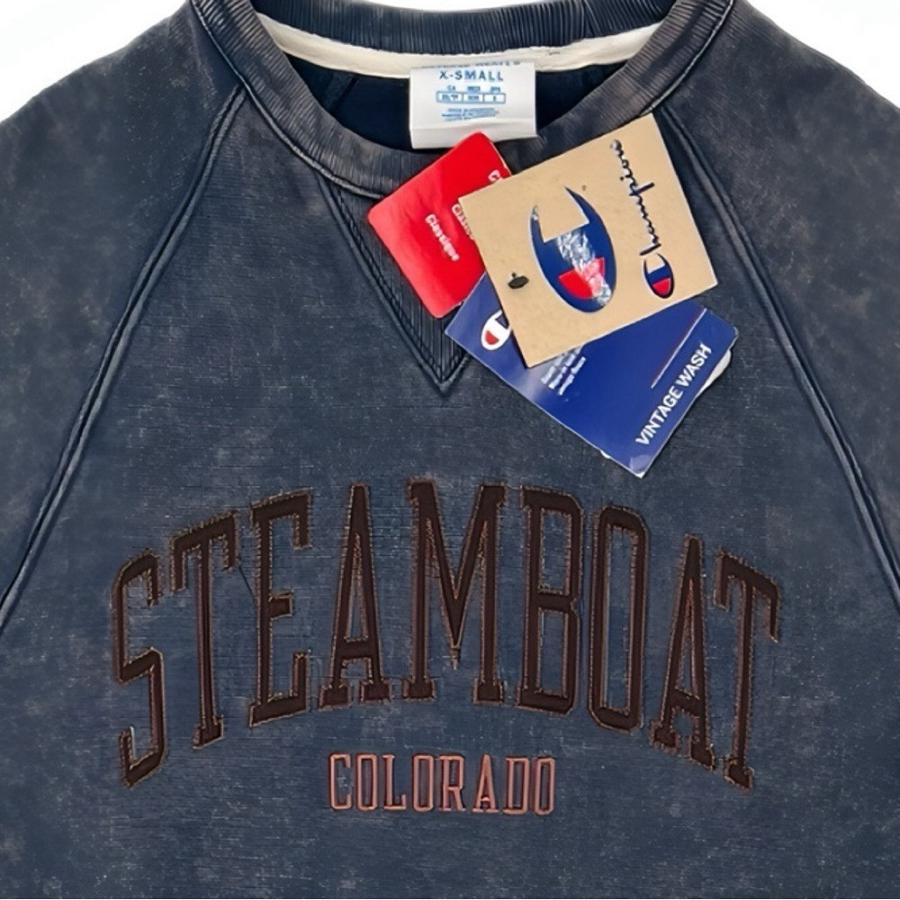 Champion Reverse Weave Steamboat Colorado Distressed Sweatshirt Men XS Blue NWT - Picture 3 of 7